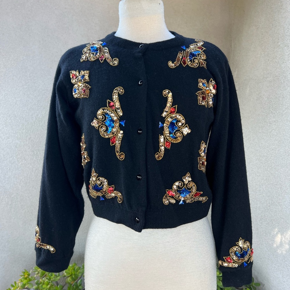 Vintage 60s embellished sequins black  wool cardigan sweater by I Did It Small